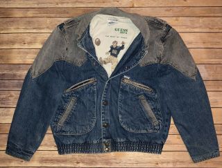 Rare Vintage 80s Guess Jeans Georges Marciano Football Denim Jacket Sz Xl