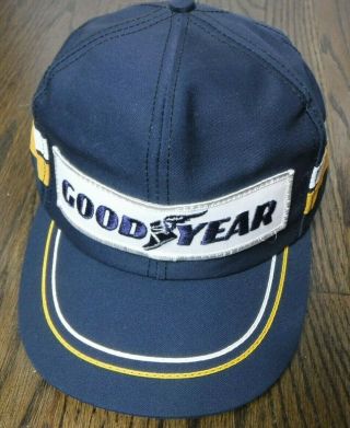 Goodyear Vintage 70s Blue Yellow White Stripe Trucker Hat Snapback Made In Usa