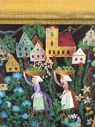 VTG Mid Century Gyorgy Lehoczky Folk Art Framed Print On Board Hungarian Village 3