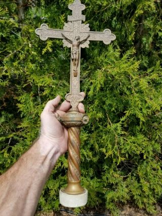 Vintage Catholic Religious Gothic Processional Cross Bronze Brass 1900 