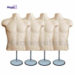 4 Male Torso Mannequin Forms Flesh W/ 4 Stands,  4 Hanging Hooks Men Clothings