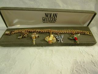 Nolan Miller Charm Bracelet 5 Charms,  Flowers,  Baby Chick,  Bird - Glamour W/box