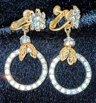 Vintage Miriam Haskell Gold Plated Rhinestone Dangle Drop Hoop Filagree Earrings