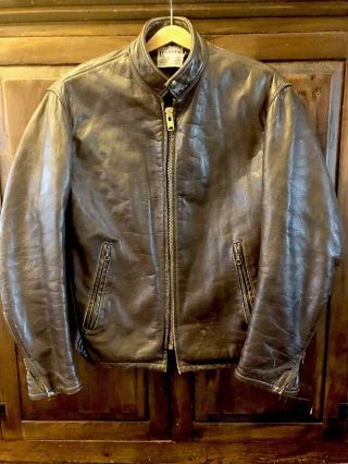 Vintage Brown Leather Distressed Cafe Racer Motorcycle Jacket Talon Zipper 38