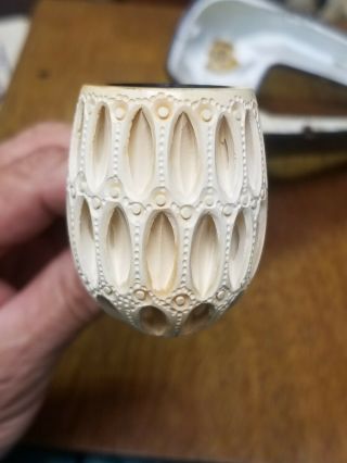 Vtg Hand Carved Block Meerschaum Pipe w Leather Case Amber Stem 4