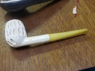 Vtg Hand Carved Block Meerschaum Pipe w Leather Case Amber Stem 5