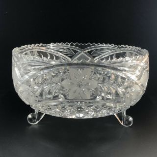 Large Vintage Cut Glass Footed Centerpiece Bowl Sawtooth Rim Pinwheel Design