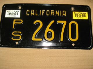 California Vintage Public Service 1963 License Plate.  1964 & 66 Stickers.