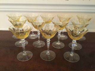 Set Of 12 Fostoria Trojan Topaz Champagne Sherry Glasses Vintage Yellow 5 1/4 In