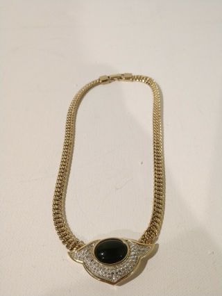 Elegant Signed Panetta Gold Tone Necklace With Large Black Stone And Rhinestones