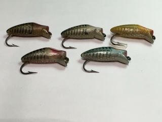 5 vintage,  antique Heddon Runtie Spook fly baits, 3