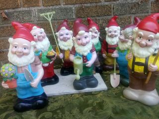 Vintage 8 Plastic Garden Gnome Holding Tools 10 1/4 " High By Art Line 1992.