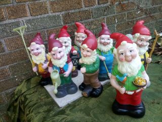 Vintage 8 Plastic Garden Gnome Holding tools 10 1/4 