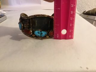 Vintage Turquosie Coral Nugget Navajo Cuff Watch Bracelet - Old Pawn Silver 8