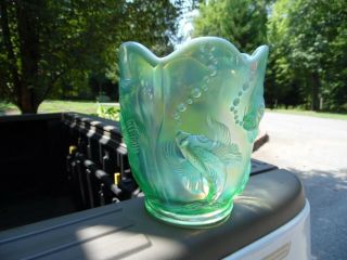 Gorgeous Vintage Fenton Iridized Green Opalescent Atlantis Vase 2
