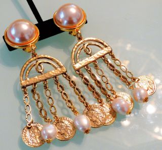 Vtg 80s Givenchy Etruscan Coin Glass Baroque Pearl Chandelier 4 " Runway Earrings