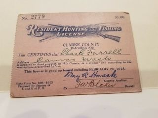 1918 Clarke County Washington Resident Hunting And Fishing License