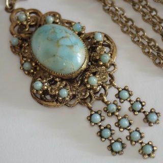 Vintage Art Deco Gold Gilt Brass Turquoise Czech Glass Pendant Necklace