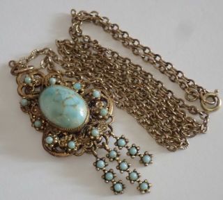 VINTAGE ART DECO GOLD GILT BRASS TURQUOISE CZECH GLASS PENDANT NECKLACE 2