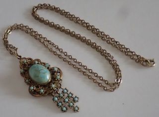 VINTAGE ART DECO GOLD GILT BRASS TURQUOISE CZECH GLASS PENDANT NECKLACE 6