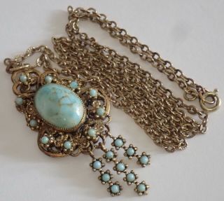 VINTAGE ART DECO GOLD GILT BRASS TURQUOISE CZECH GLASS PENDANT NECKLACE 8