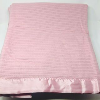 Vintage Fieldcrest Cannon 100 Acrylic Queen Blanket Pink Waffle Satin Trim Usa