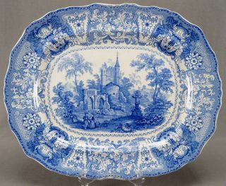 Rare 17 5/8 Inch Adams Delphi Blue Transferware Pearlware Platter C.  1830 - 40s