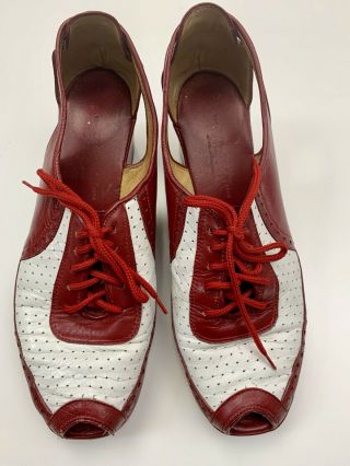 Remix Vintage Spectator Womens 10 Red White Laceup Leather Sole Swing Dance Shoe