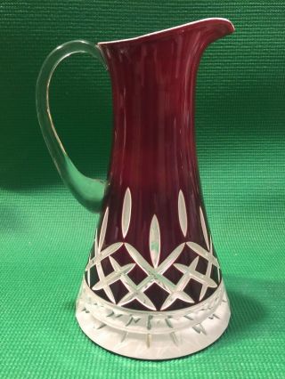 Waterford Red Ruby Crystal Lismore Cased Glass Cut To Clear 10.  5 " Pitcher Rare