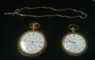 2 Antique Elgin Gold Filled Pocket Watches 15 Jewels 12k Gf Fob