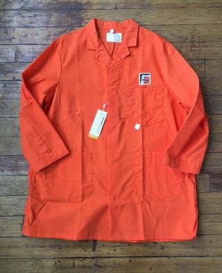 Vintage 70s Fram Oil Filters Orange Mechanic Shop Jacket Long Coat Uniform Patch
