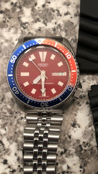 Vintage Men’s Watch Seiko Ss Mod 6309 7290 Date Diver Pepsi Red Dial
