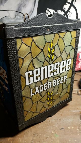 Rare Vintage Genesee Cream Ale Beer 4 Sided Hanging Rotating Lighted Sign Clock 8