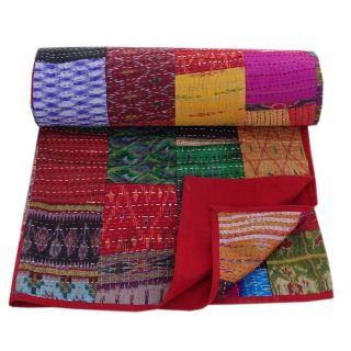 Handmade Vintage Patchwork Silk Kantha Embroidery Blanket Quilt Throw Bedspread
