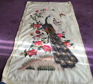 Large Antique / Vintage Chinese Silk Embroidered Panel Exotic Peacock & Flowers