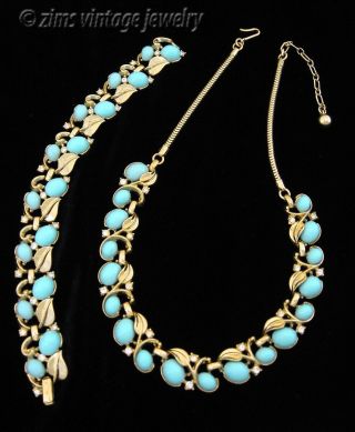 Vintage Crown Trifari Gold Rhinestone Turquoise Cabochon Necklace & Bracelet Set