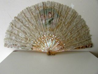 Antique Mother Of Pearl Sticks Hand Painted Signed Silk & Lace Hand Fan Eventail