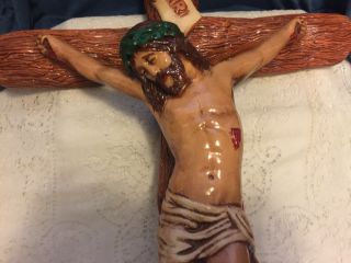 LARGE CRUCIFIX Chalkware Plaster Catholic vtg Wall Cross Christian Jesus Statue 3