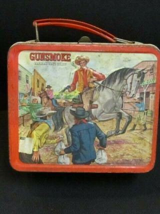 Vintage Rare " Gunsmoke " Metal Lunch Box With Matching Thermos