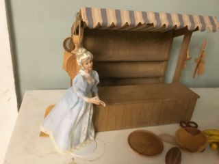 Antique Vintage Dollhouse Or Doll Farm Stand With Awning & Wood Utensils