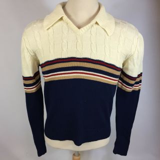 Vintage 70s Mod Retro Atomic Cable Knit Acrylic Hippy Mens Sweater Polo Shirt L