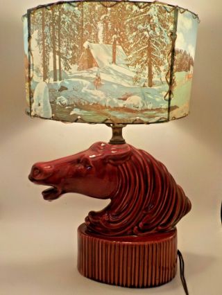 Vtg Mid Century Modern Horse Head Tv Lamp W/photo Picture Shade Red Ceramic Exc