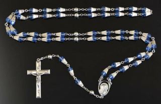 Vintage Creed Blue Crystal Large Single Bell Capped Rosary On Sterling Silver Nr