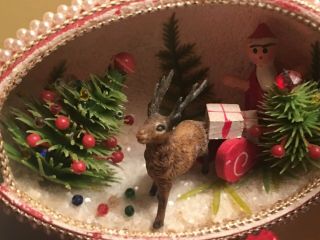 Vtg Egg Art Diorama Christmas Santa Sleigh Hinged Doors Handmade 3