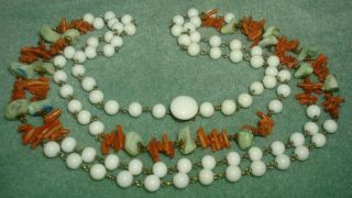 Vintage Antique Branch Coral Shell Milk Glass Bead Necklace Flapper Rope Length