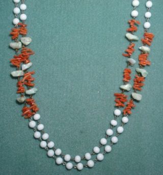 Vintage Antique Branch Coral Shell Milk Glass Bead Necklace Flapper Rope Length 2