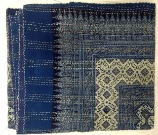 Indian Indigo Hand Block Ajrakh Bed Cover Handmade Full Queen Blue Kantha Quilt