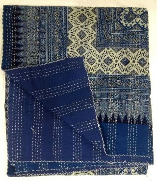 Indian Indigo Hand Block Ajrakh Bed Cover Handmade Full Queen Blue Kantha Quilt 2