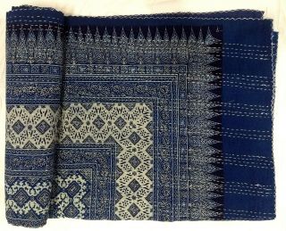 Indian Indigo Hand Block Ajrakh Bed Cover Handmade Full Queen Blue Kantha Quilt 3