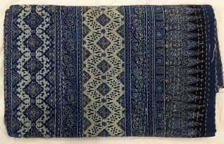 Indian Indigo Hand Block Ajrakh Bed Cover Handmade Full Queen Blue Kantha Quilt 4